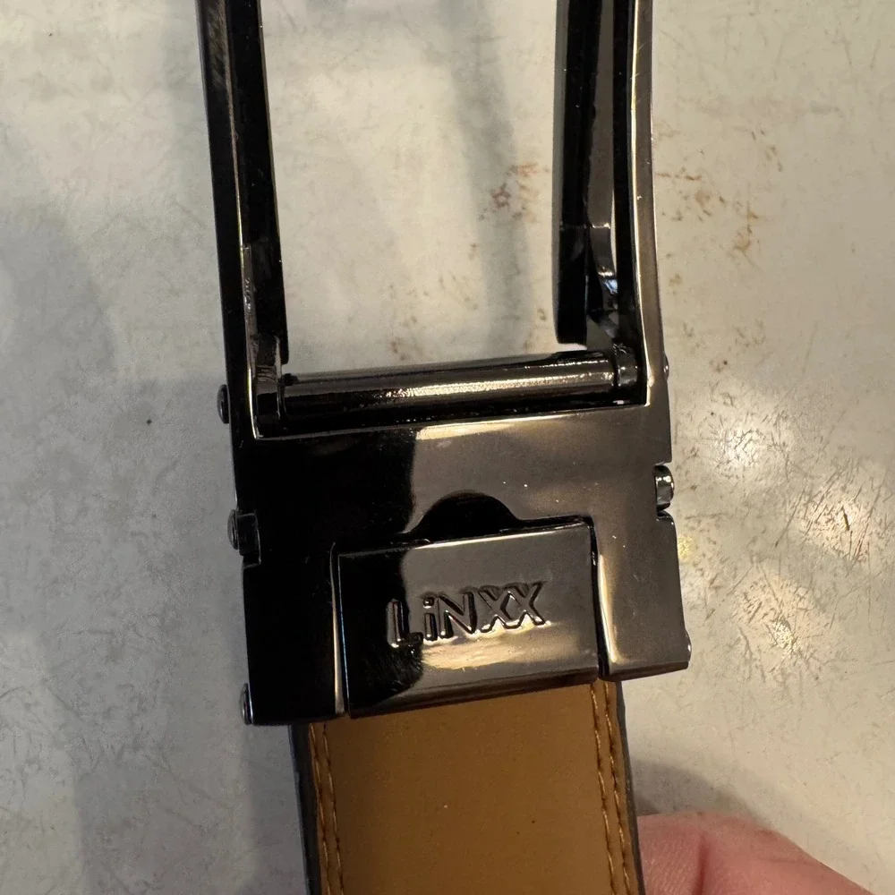 Linxx Ratchet Belt Mens 32 Black Saffiano Leather Gunmetal Slide Buckle